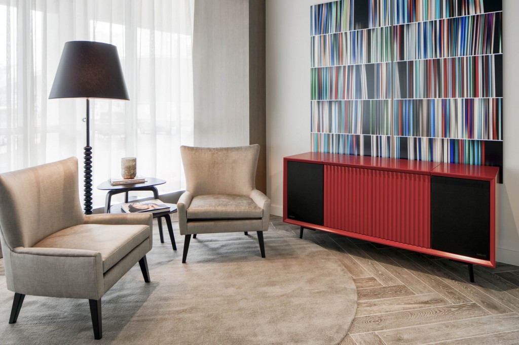 Sophisticated herringbone floors at The Hepburn's Library